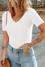 Load image into Gallery viewer, Black V Neck Ribbed Knit Lightweight Short Sleeve Sweater - Fashion Queen -  18
