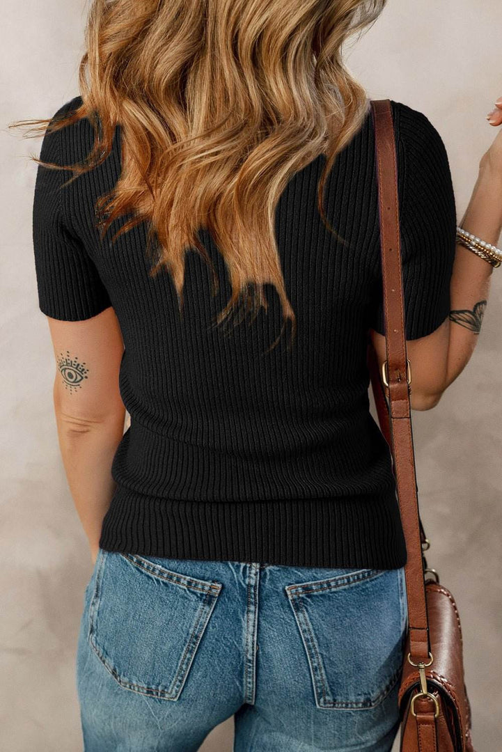 Black V Neck Ribbed Knit Lightweight Short Sleeve Sweater - Fashion Queen -  2