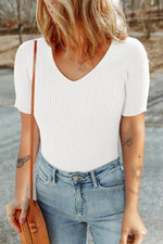 Load image into Gallery viewer, Black V Neck Ribbed Knit Lightweight Short Sleeve Sweater - Fashion Queen -  20
