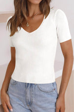 Load image into Gallery viewer, Black V Neck Ribbed Knit Lightweight Short Sleeve Sweater - Fashion Queen -  22
