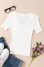 Load image into Gallery viewer, Black V Neck Ribbed Knit Lightweight Short Sleeve Sweater - Fashion Queen -  28
