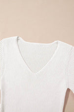 Load image into Gallery viewer, Black V Neck Ribbed Knit Lightweight Short Sleeve Sweater - Fashion Queen -  30
