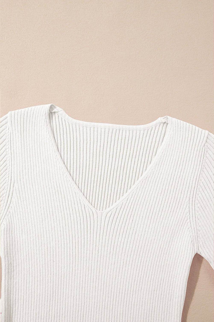 Black V Neck Ribbed Knit Lightweight Short Sleeve Sweater - Fashion Queen -  30