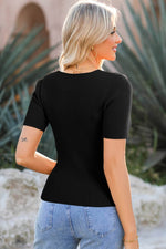 Load image into Gallery viewer, Black V Neck Ribbed Knit Lightweight Short Sleeve Sweater - Fashion Queen -  7
