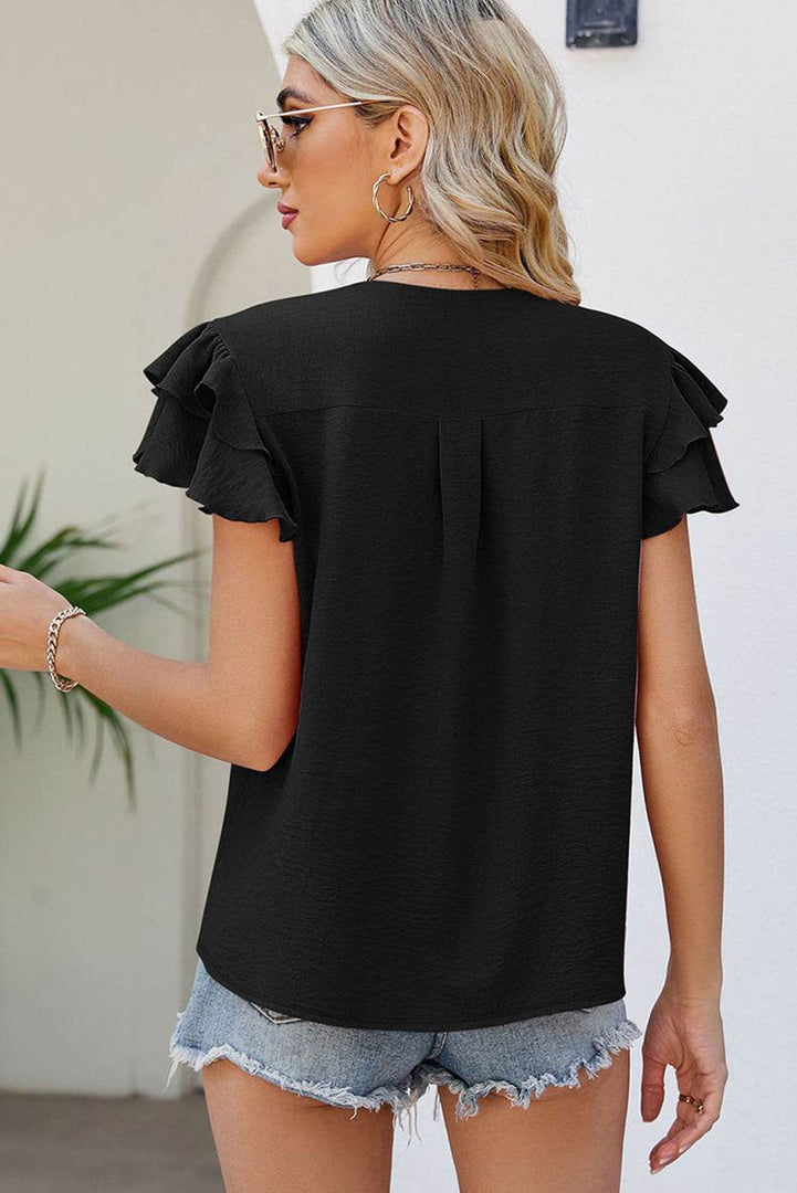 Black V Neck Ruffle Short Sleeve Blouse - Fashion Queen -  2