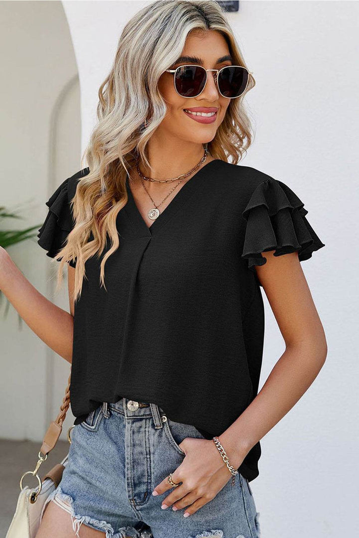 Black V Neck Ruffle Short Sleeve Blouse - Fashion Queen -  4