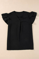 Load image into Gallery viewer, Black V Neck Ruffle Short Sleeve Blouse - Fashion Queen -  5
