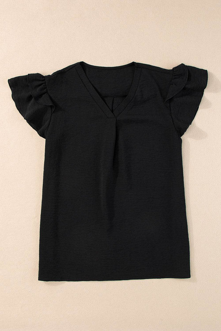Black V Neck Ruffle Short Sleeve Blouse - Fashion Queen -  5