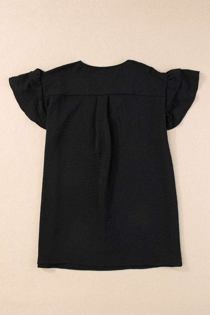 Black V Neck Ruffle Short Sleeve Blouse - Fashion Queen -  6