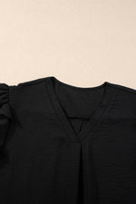Load image into Gallery viewer, Black V Neck Ruffle Short Sleeve Blouse - Fashion Queen -  7
