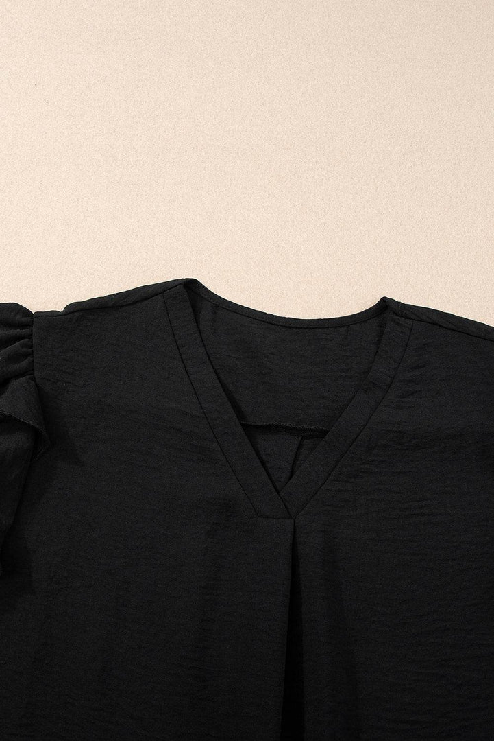 Black V Neck Ruffle Short Sleeve Blouse - Fashion Queen -  7