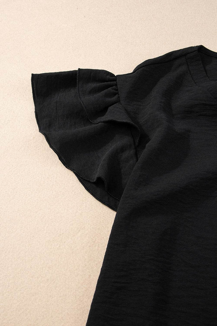 Black V Neck Ruffle Short Sleeve Blouse - Fashion Queen -  8