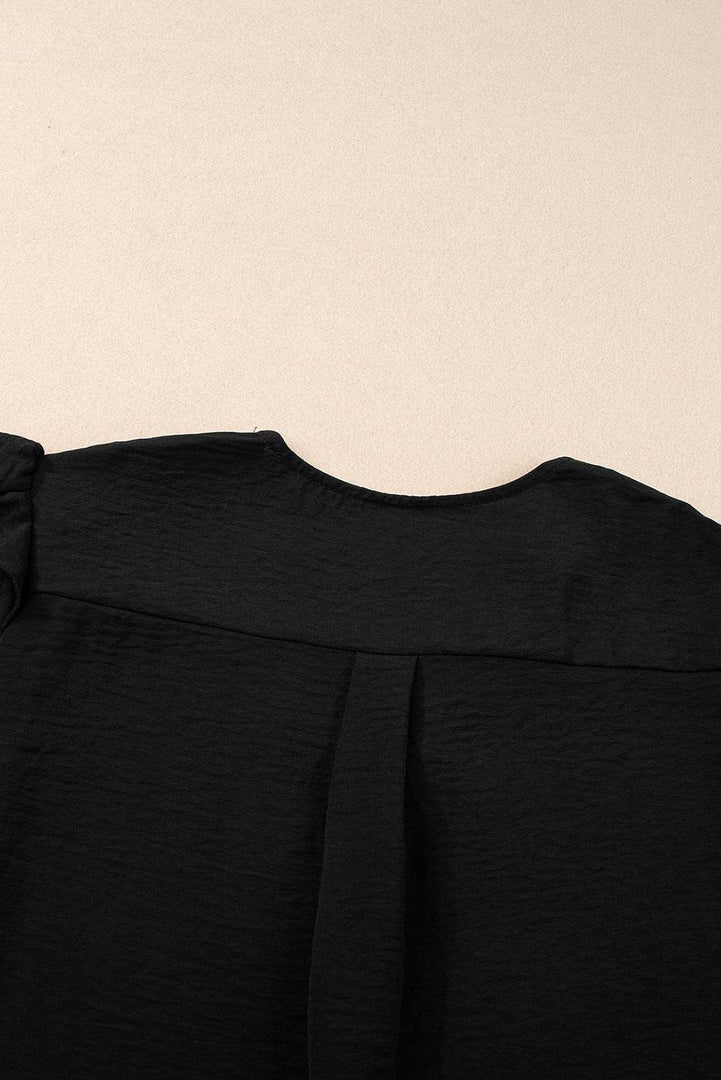 Black V Neck Ruffle Short Sleeve Blouse - Fashion Queen -  9