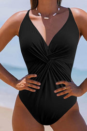 Black V Neck Twist Ruched Crisscross Backless One-Piece Swimsuit - Fashion Queen -  1