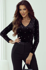 Load image into Gallery viewer, Black Velvet Beaded Long Sleeve V Neck Bodysuit - Fashion Queen -  1
