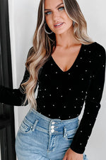 Load image into Gallery viewer, Black Velvet Beaded Long Sleeve V Neck Bodysuit - Fashion Queen -  10
