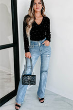 Load image into Gallery viewer, Black Velvet Beaded Long Sleeve V Neck Bodysuit - Fashion Queen -  12
