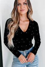 Load image into Gallery viewer, Black Velvet Beaded Long Sleeve V Neck Bodysuit - Fashion Queen -  14
