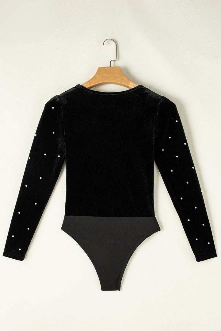 Black Velvet Beaded Long Sleeve V Neck Bodysuit - Fashion Queen -  17