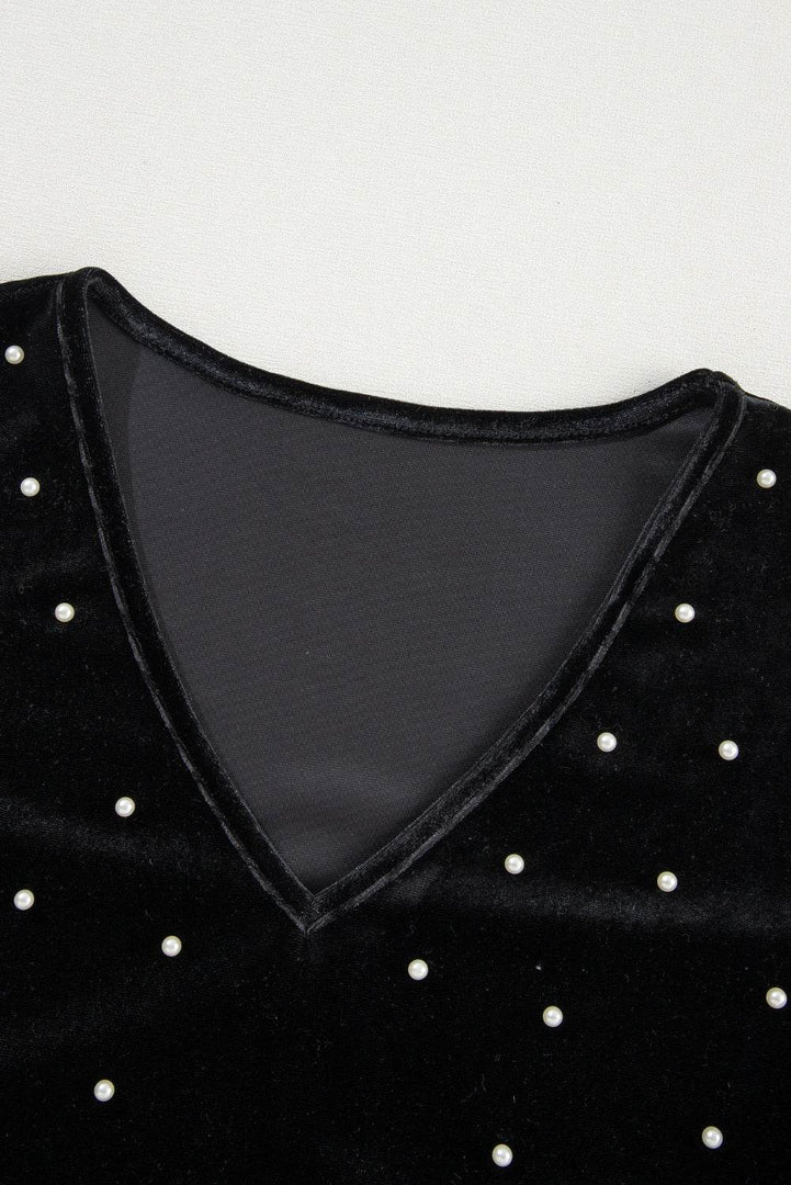 Black Velvet Beaded Long Sleeve V Neck Bodysuit - Fashion Queen -  18