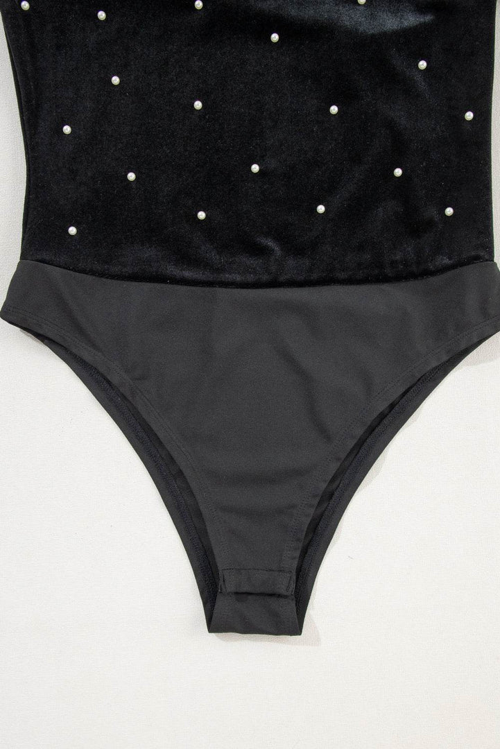 Black Velvet Beaded Long Sleeve V Neck Bodysuit - Fashion Queen -  20
