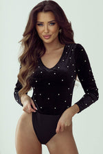 Load image into Gallery viewer, Black Velvet Beaded Long Sleeve V Neck Bodysuit - Fashion Queen -  5
