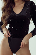 Load image into Gallery viewer, Black Velvet Beaded Long Sleeve V Neck Bodysuit - Fashion Queen -  6
