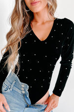 Load image into Gallery viewer, Black Velvet Beaded Long Sleeve V Neck Bodysuit - Fashion Queen -  8
