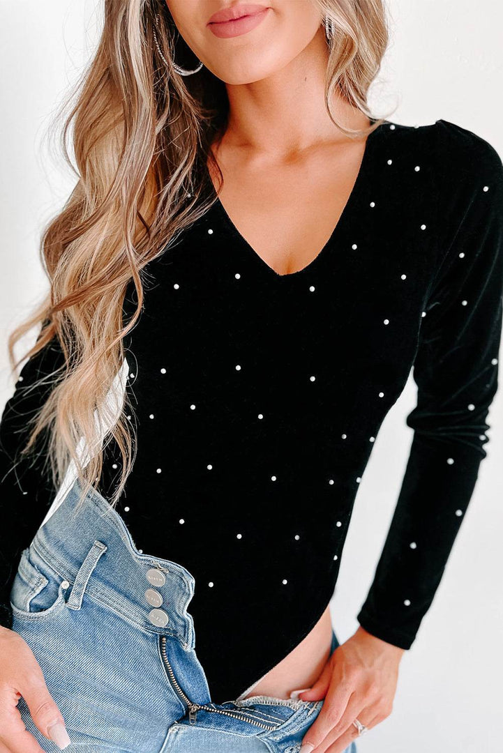 Black Velvet Beaded Long Sleeve V Neck Bodysuit - Fashion Queen -  8
