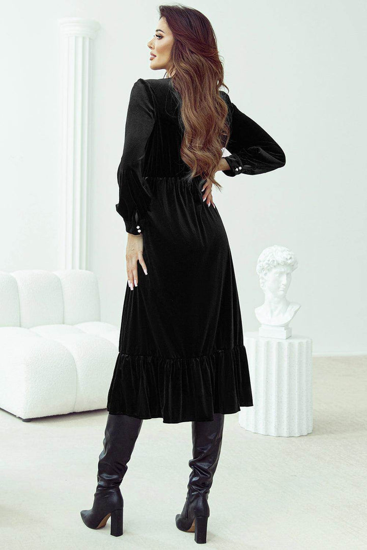 Black Velvet Buttoned Puff Sleeve V Neck Split Midi Dress - Fashion Queen -  13