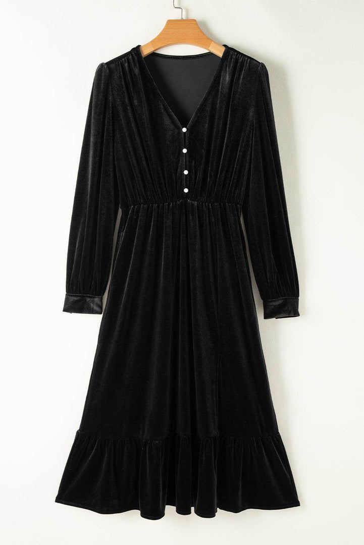 Black Velvet Buttoned Puff Sleeve V Neck Split Midi Dress - Fashion Queen -  18