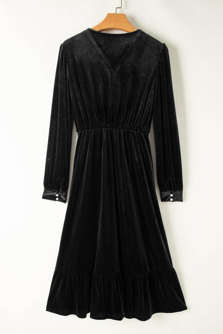Black Velvet Buttoned Puff Sleeve V Neck Split Midi Dress - Fashion Queen -  19