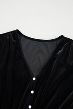 Load image into Gallery viewer, Black Velvet Buttoned Puff Sleeve V Neck Split Midi Dress - Fashion Queen -  20
