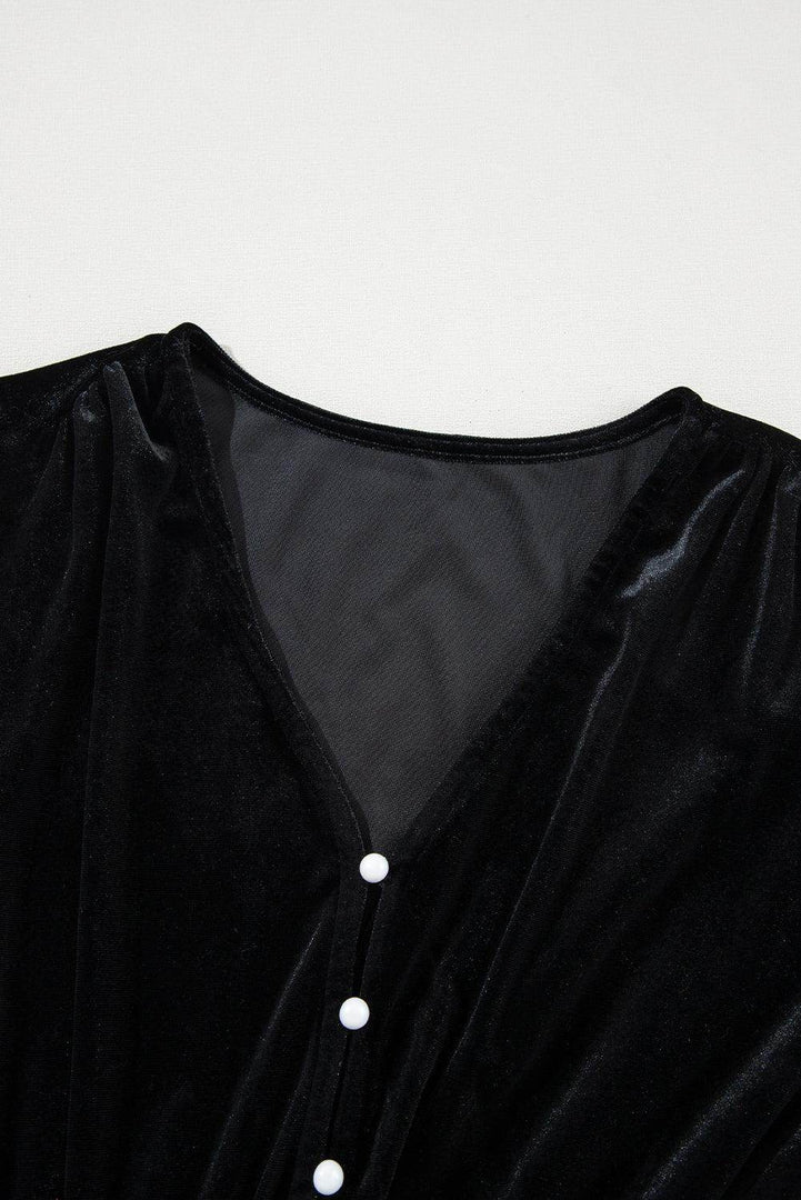 Black Velvet Buttoned Puff Sleeve V Neck Split Midi Dress - Fashion Queen -  20