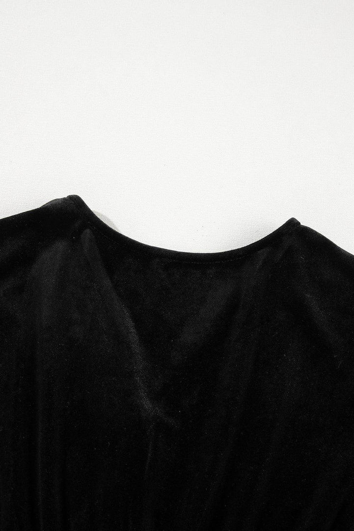 Black Velvet Buttoned Puff Sleeve V Neck Split Midi Dress - Fashion Queen -  22