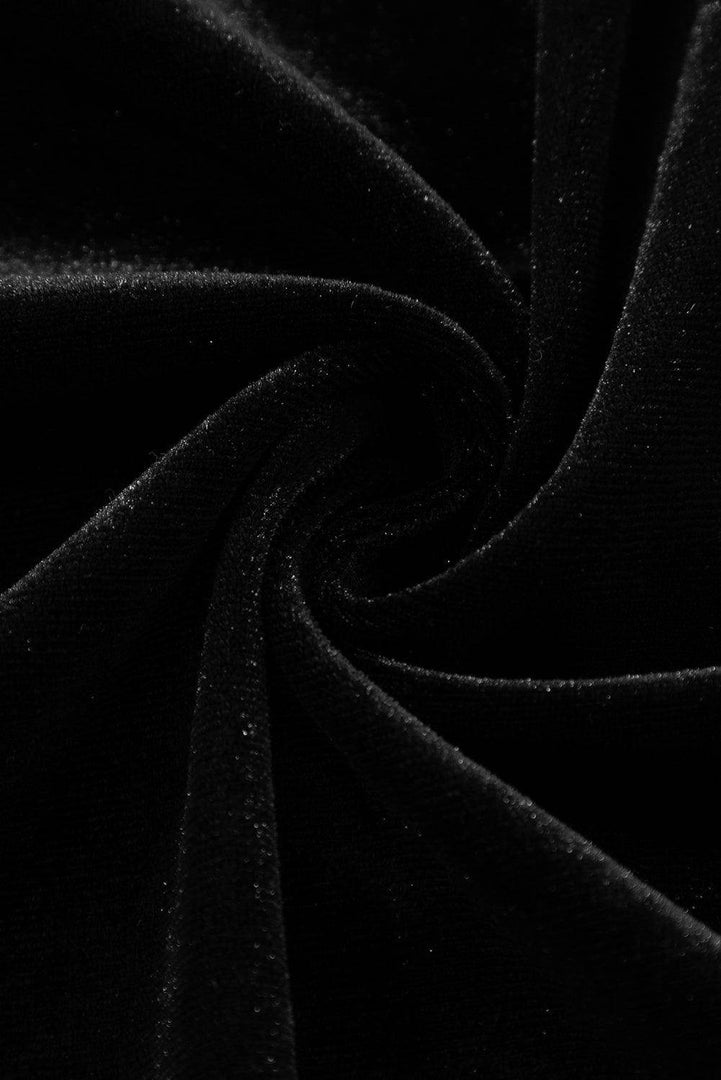 Black Velvet Buttoned Puff Sleeve V Neck Split Midi Dress - Fashion Queen -  25
