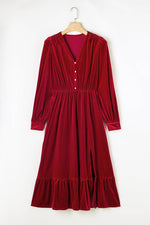 Load image into Gallery viewer, Black Velvet Buttoned Puff Sleeve V Neck Split Midi Dress - Fashion Queen -  30
