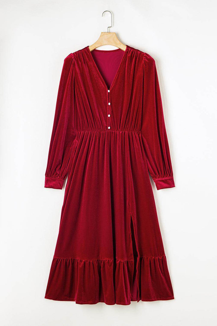 Black Velvet Buttoned Puff Sleeve V Neck Split Midi Dress - Fashion Queen -  30