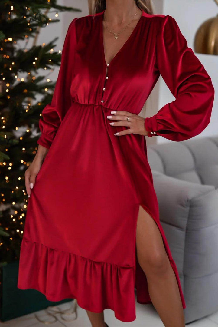 Black Velvet Buttoned Puff Sleeve V Neck Split Midi Dress - Fashion Queen -  4