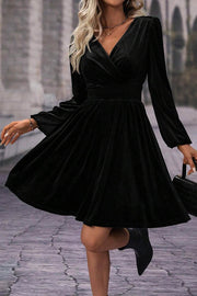 Black Velvet Long Sleeve Surplice High Waist Mini Dress - Fashion Queen -  1