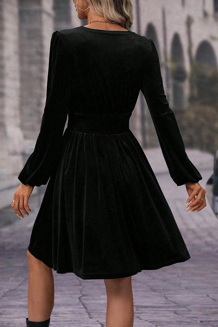 Black Velvet Long Sleeve Surplice High Waist Mini Dress - Fashion Queen -  2