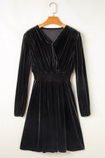 Load image into Gallery viewer, Black Velvet Long Sleeve Surplice High Waist Mini Dress - Fashion Queen -  4

