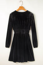 Load image into Gallery viewer, Black Velvet Long Sleeve Surplice High Waist Mini Dress - Fashion Queen -  5
