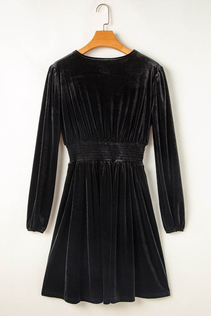 Black Velvet Long Sleeve Surplice High Waist Mini Dress - Fashion Queen -  5