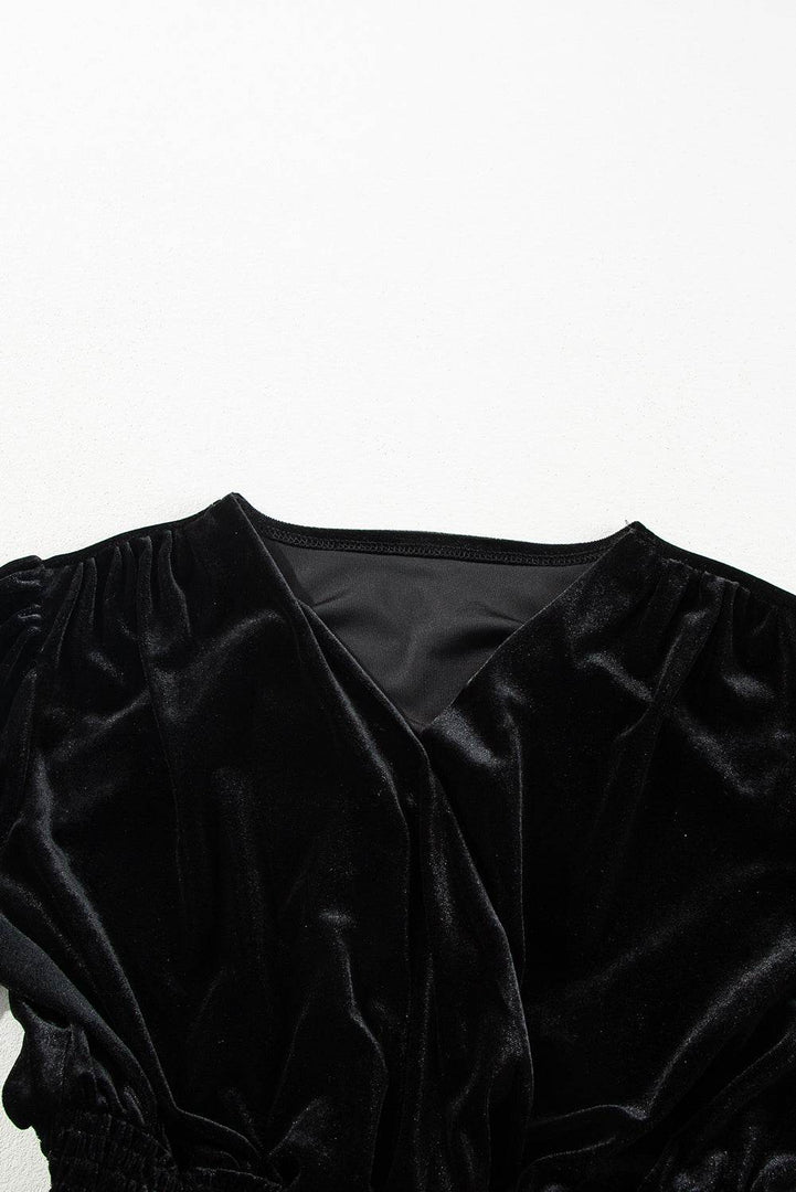 Black Velvet Long Sleeve Surplice High Waist Mini Dress - Fashion Queen -  9
