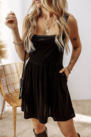 Black Velvet Square Neck Sleeveless High Waist Mini Dress with Pockets - Fashion Queen -  1