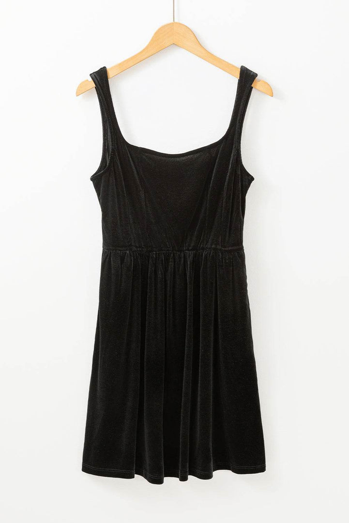 Black Velvet Square Neck Sleeveless High Waist Mini Dress with Pockets - Fashion Queen -  7