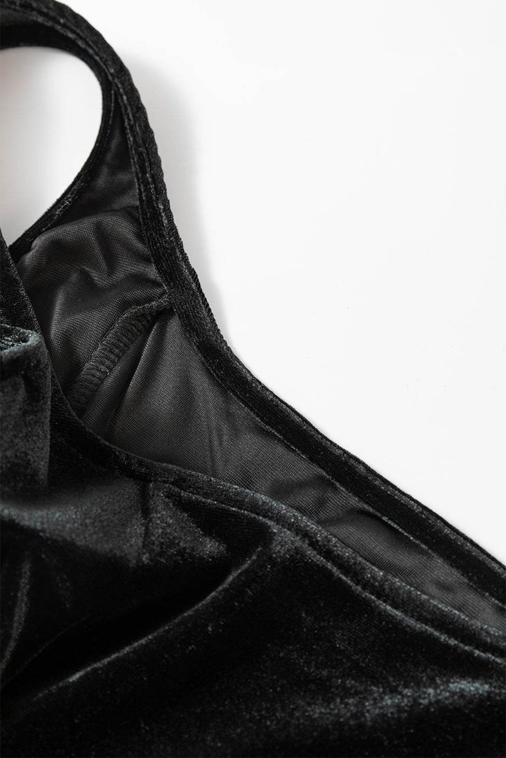 Black Velvet Square Neck Sleeveless High Waist Mini Dress with Pockets - Fashion Queen -  9