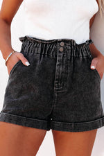 Load image into Gallery viewer, Black Vintage Washed Frilled High Waist Denim Shorts - Fashion Queen -  1

