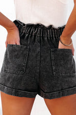 Load image into Gallery viewer, Black Vintage Washed Frilled High Waist Denim Shorts - Fashion Queen -  2
